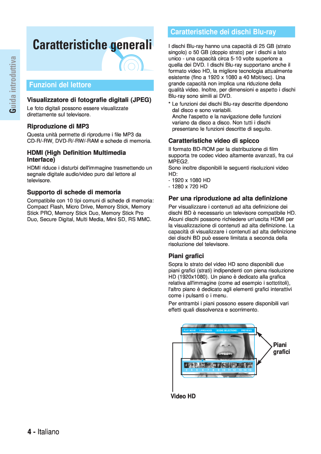 Samsung BD-P1000/XET manual Caratteristiche generali, Funzioni del lettore, Caratteristiche dei dischi Blu-ray, Italiano 