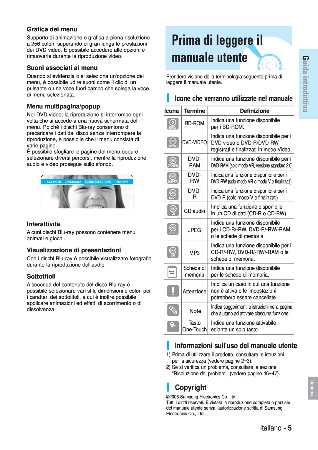 Samsung BD-P1000/XEN Prima di leggere il, Informazioni sulluso del manuale utente, Grafica dei menu, Interattività 