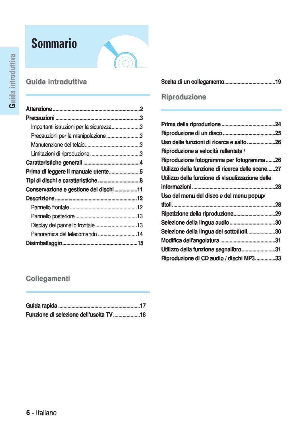 Samsung BD-P1000/XEL manual Sommario, Guida introduttiva, Collegamenti, Italiano, Riproduzione di un disco, titoli 