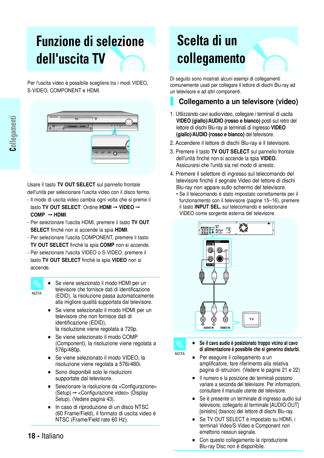 Samsung BD-P1000/XEL, BD-P1000/XEG Scelta di un collegamento, Funzione di selezione delluscita TV, Italiano, Collegamenti 