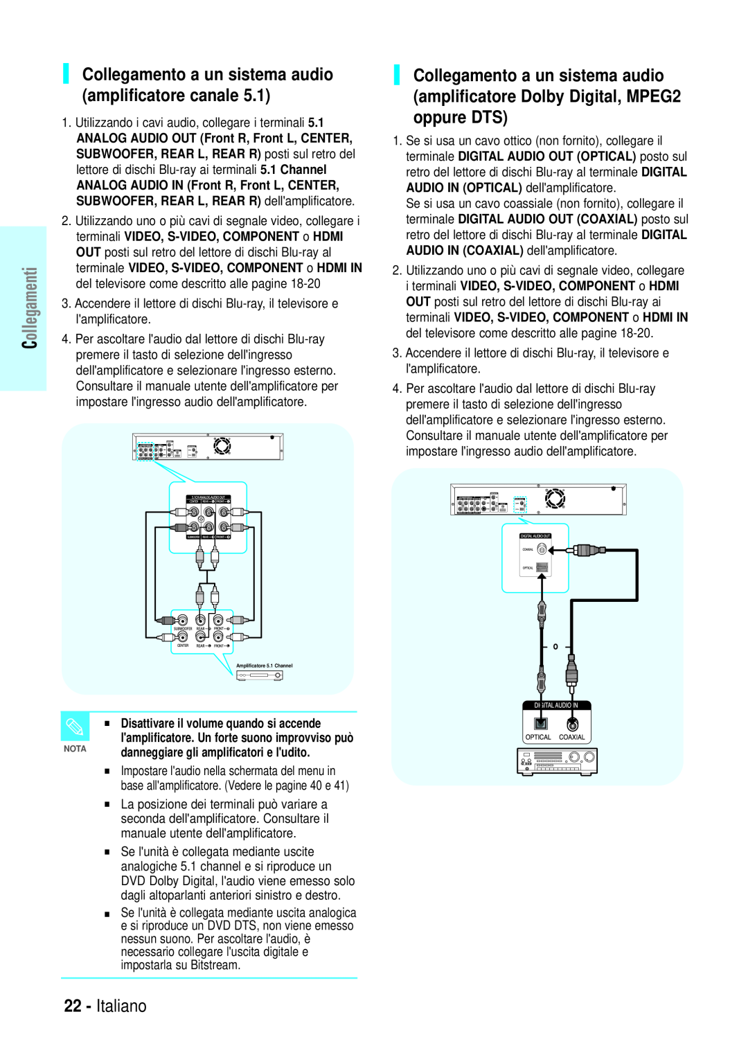 Samsung BD-P1000/XEL, BD-P1000/XEG manual Collegamento a un sistema audio amplificatore canale, Italiano, Collegamenti 