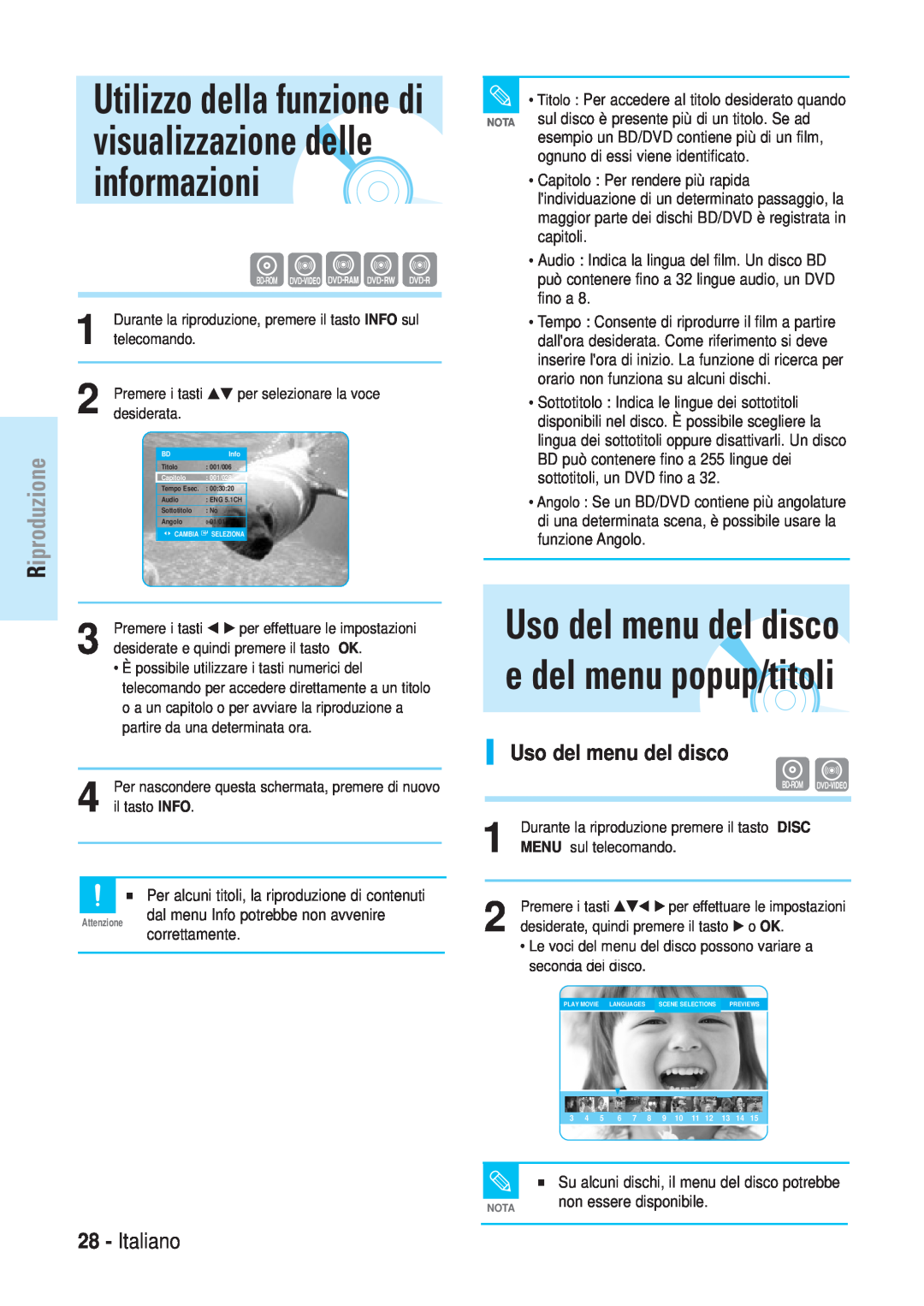 Samsung BD-P1000/XET manual Utilizzo della funzione di visualizzazione delle informazioni, Italiano, Uso del menu del disco 