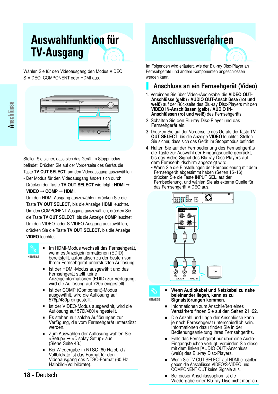 Samsung BD-P1000/XEL Anschlussverfahren, Auswahlfunktion für TV-Ausgang, Deutsch, Anschluss an ein Fernsehgerät Video 