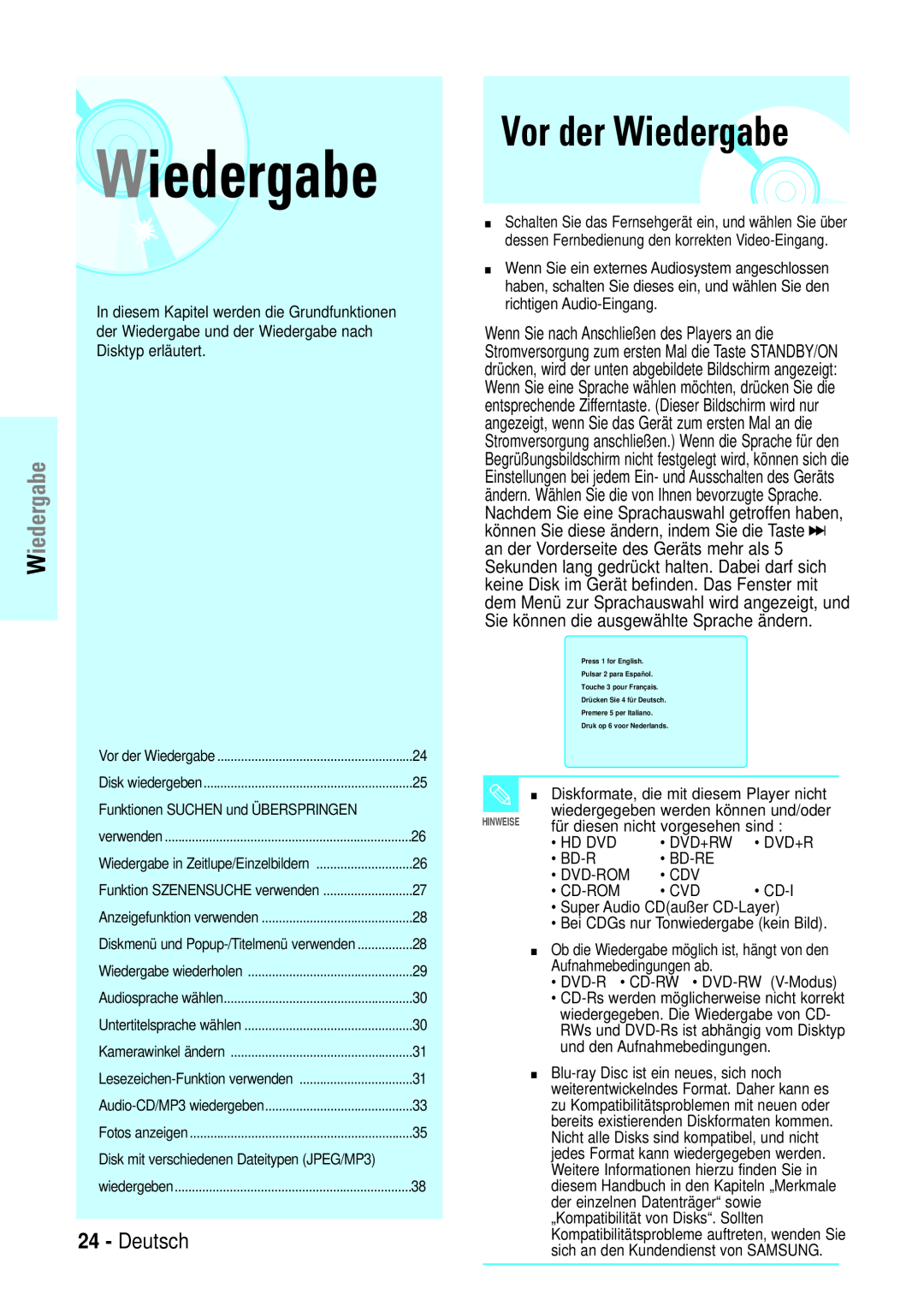 Samsung BD-P1000/XET, BD-P1000/XEG, BD-P1000/XEN, BD-P1000/XEL manual Vor der Wiedergabe, Deutsch 
