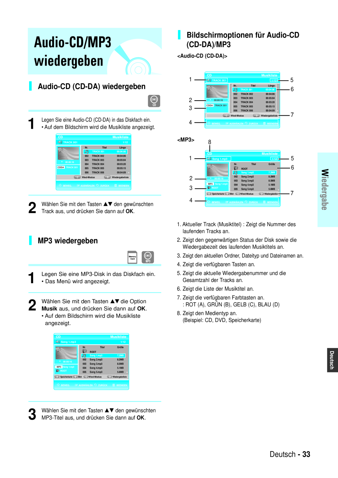 Samsung BD-P1000/XEN manual Audio-CD/MP3 wiedergeben, Audio-CD CD-DA wiedergeben, Bildschirmoptionen für Audio-CD CD-DA/MP3 