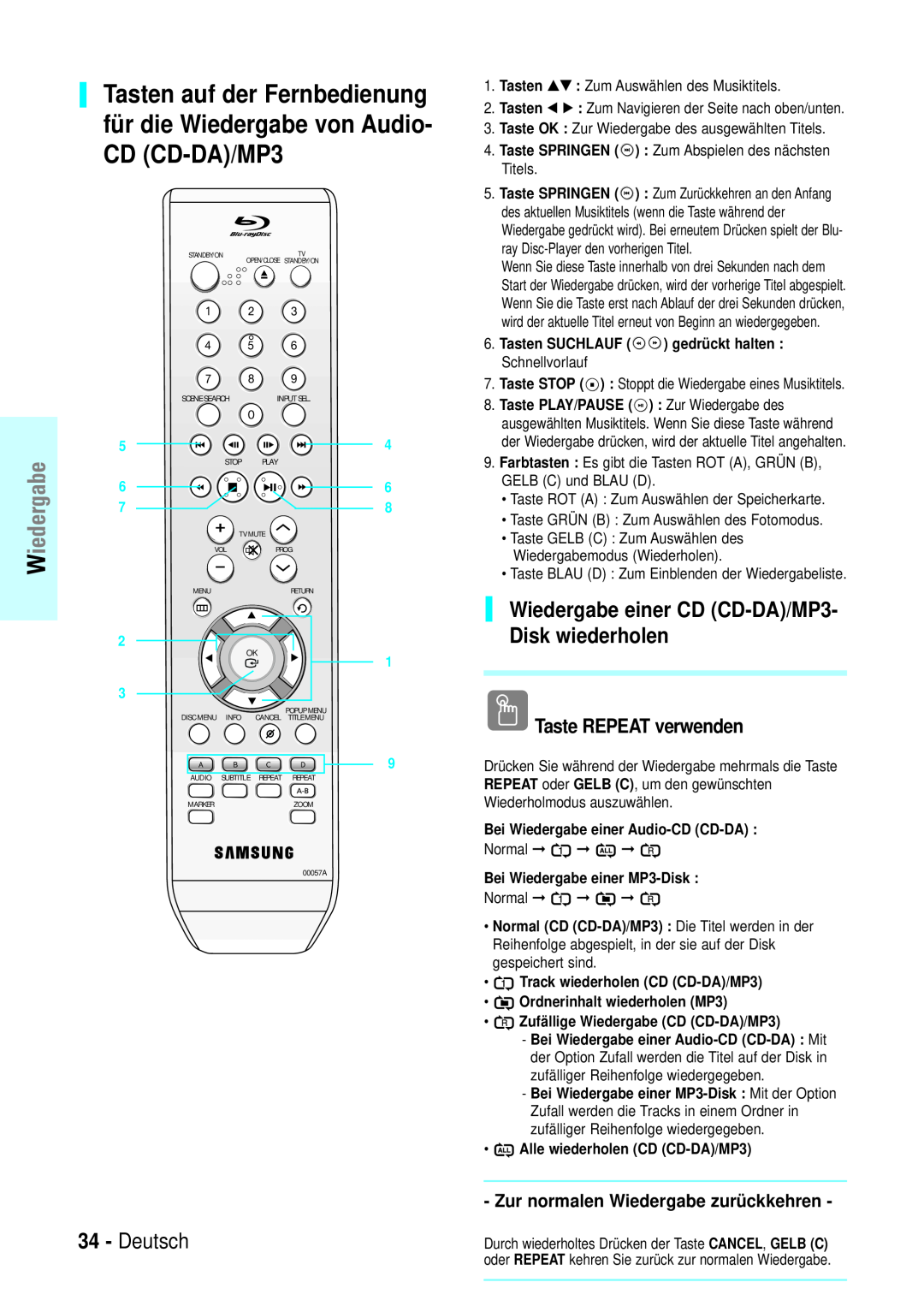Samsung BD-P1000/XEL, BD-P1000/XEG manual Wiedergabe einer CD CD-DA/MP3- Disk wiederholen, Deutsch, Taste REPEAT verwenden 