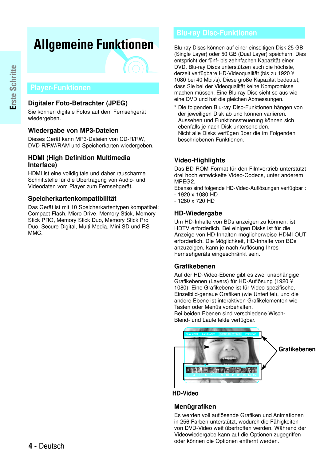 Samsung BD-P1000/XET manual Allgemeine Funktionen, Player-Funktionen, Blu-ray Disc-Funktionen, Deutsch, Video-Highlights 