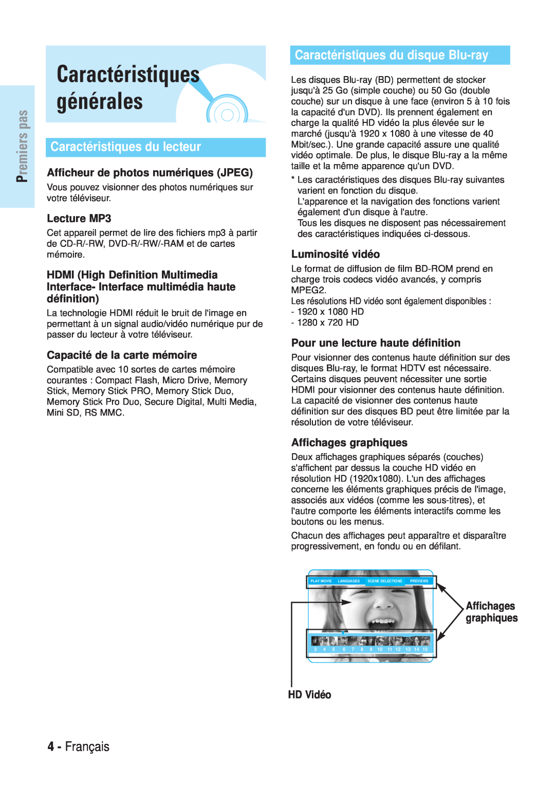 Samsung BD-P1000/XEL Caractéristiques générales, Caractéristiques du lecteur, Caractéristiques du disque Blu-ray, Français 