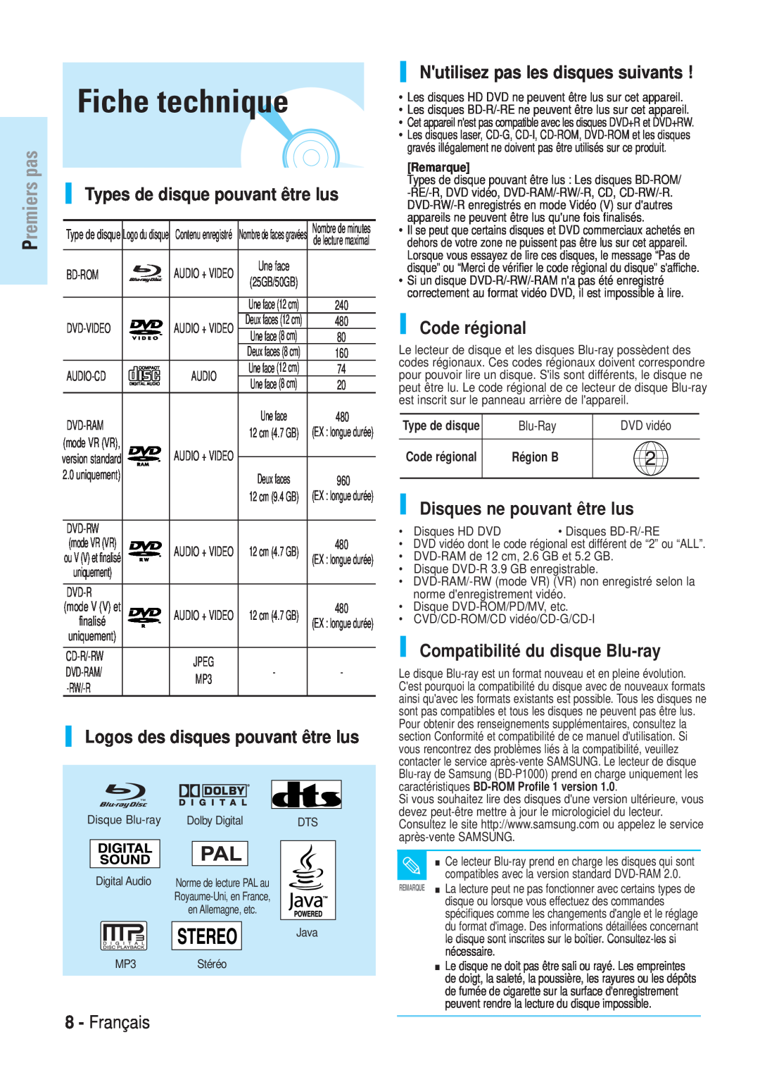 Samsung BD-P1000/XEL manual Fiche technique, Types de disque pouvant être lus, Logos des disques pouvant être lus, Français 