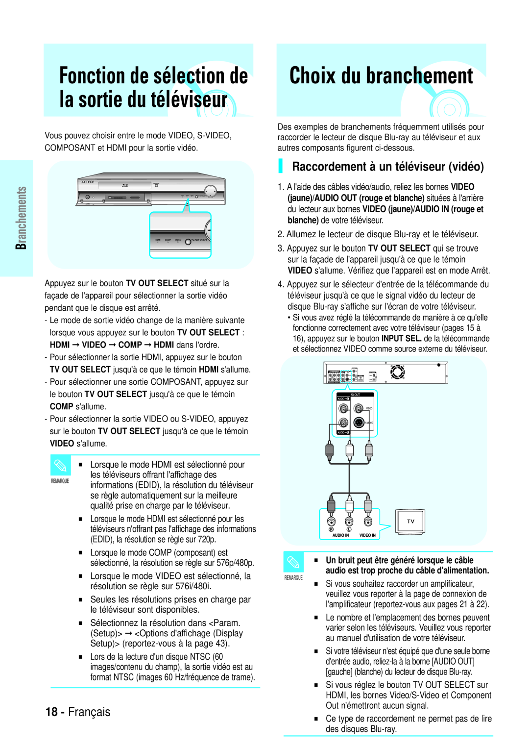 Samsung BD-P1000/XET manual la sortie du téléviseur, Choix du branchement, Fonction de sélection de, Français, Branchements 
