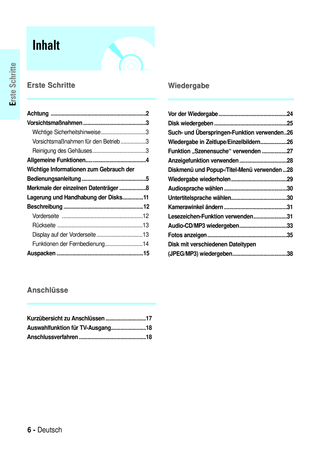 Samsung BD-P1000/XEL manual Inhalt, Erste Schritte, Anschlüsse, Wiedergabe, Deutsch, Disk mit verschiedenen Dateitypen 