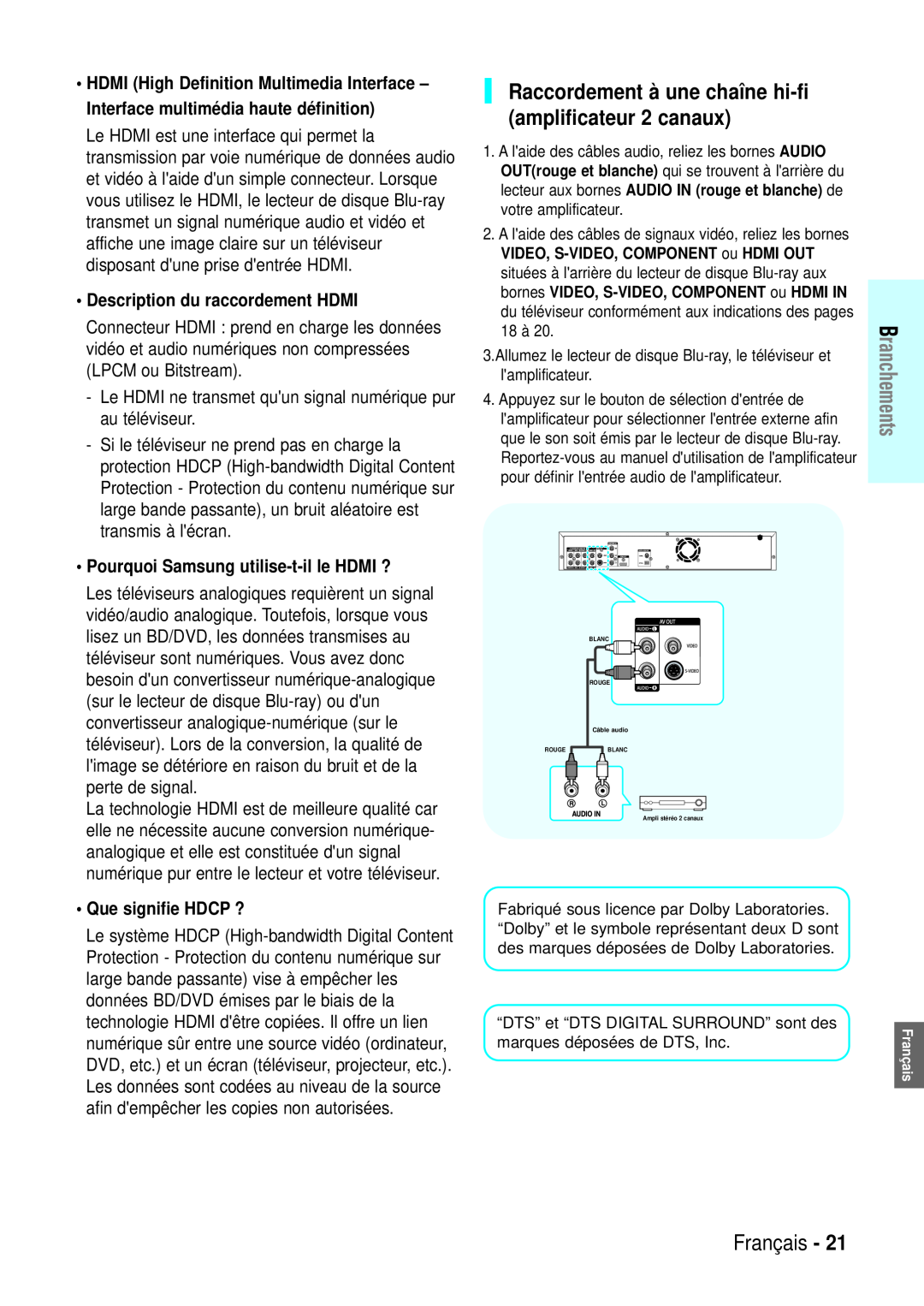 Samsung BD-P1000/XEG Raccordement à une chaîne hi-fi amplificateur 2 canaux, Description du raccordement HDMI, Français 