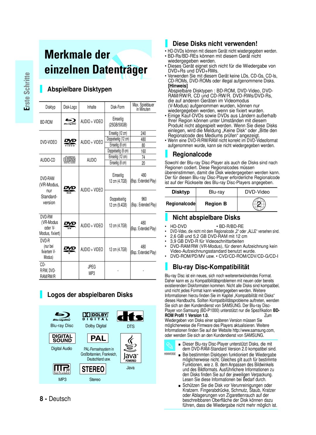 Samsung BD-P1000/XET manual Abspielbare Disktypen, Logos der abspielbaren Disks, Diese Disks nicht verwenden, Regionalcode 