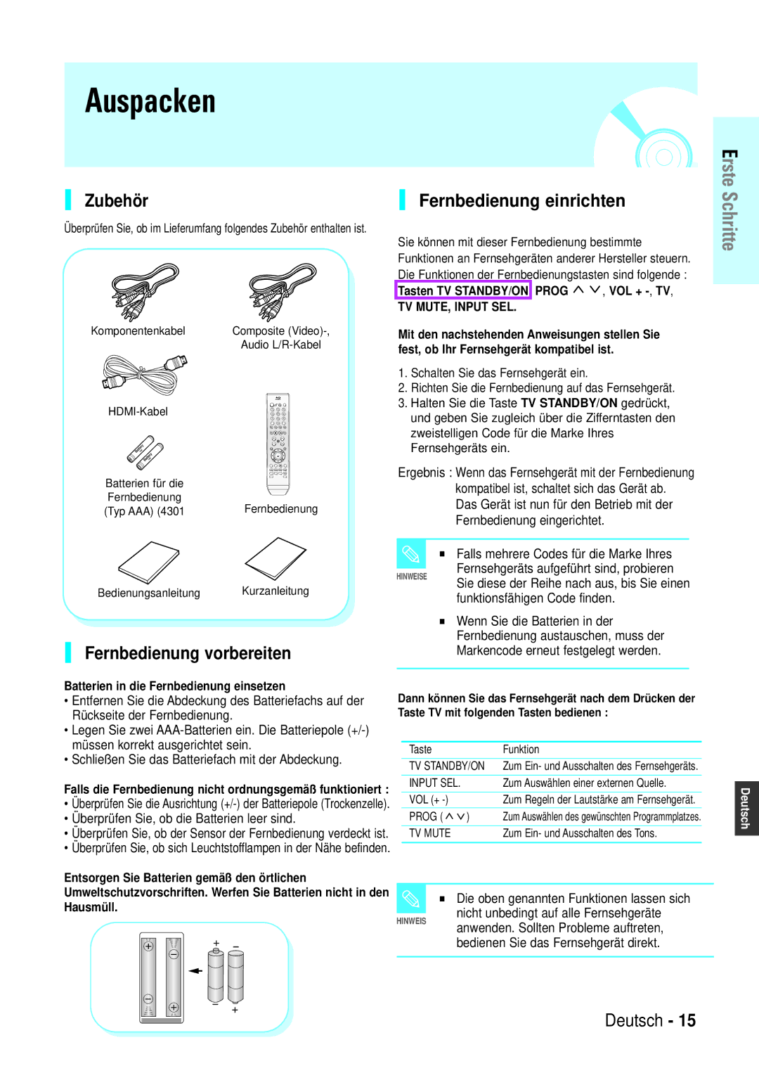 Samsung BD-P1000/XEN, BD-P1000/XEG, BD-P1000/XET Auspacken, Zubehör, Fernbedienung vorbereiten, Fernbedienung einrichten 