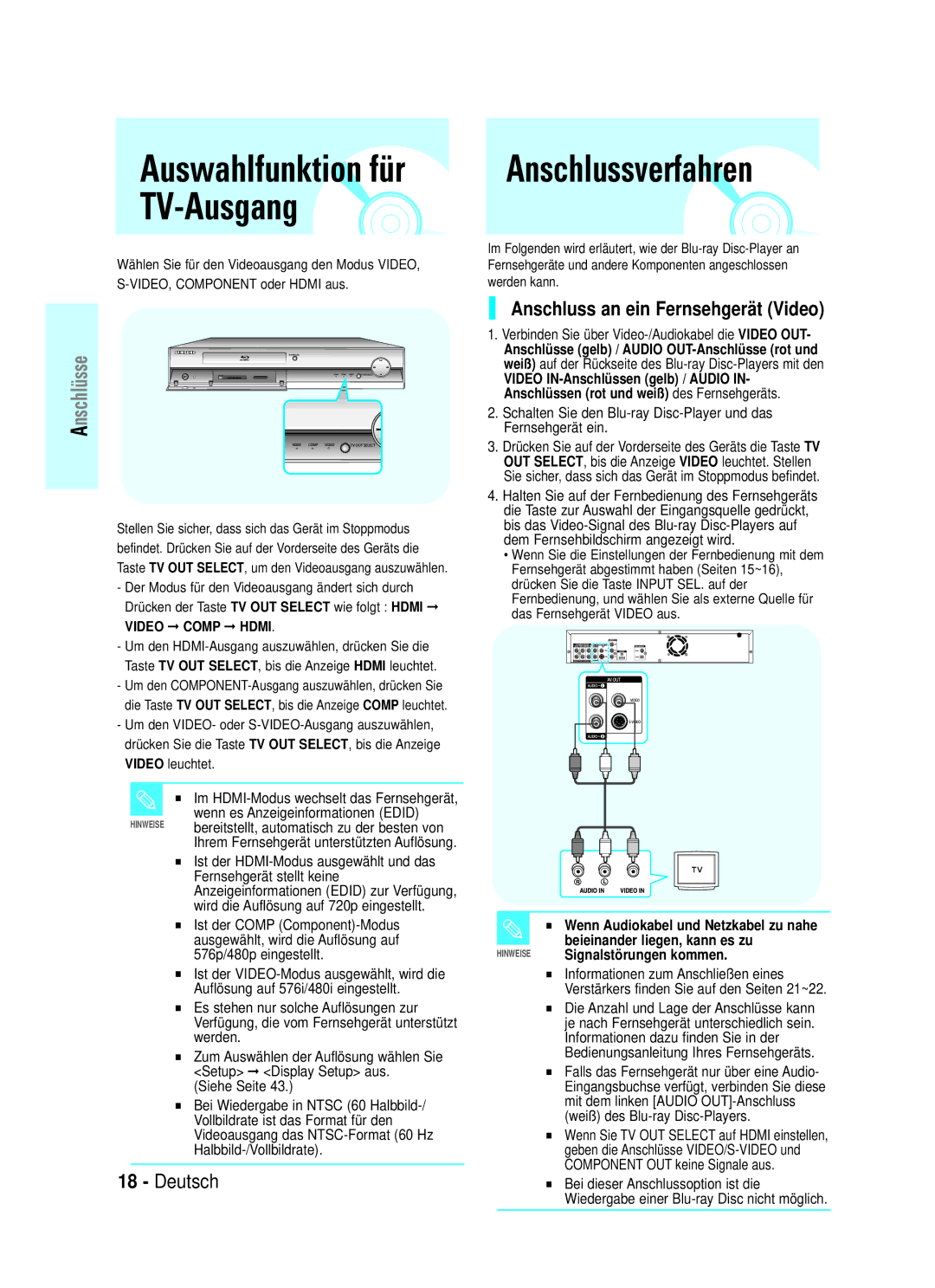 Samsung BD-P1000/XEN, BD-P1000/XEG Anschlussverfahren, Anschluss an ein Fernsehgerät Video, Siehe Seite, Video Comp Hdmi 