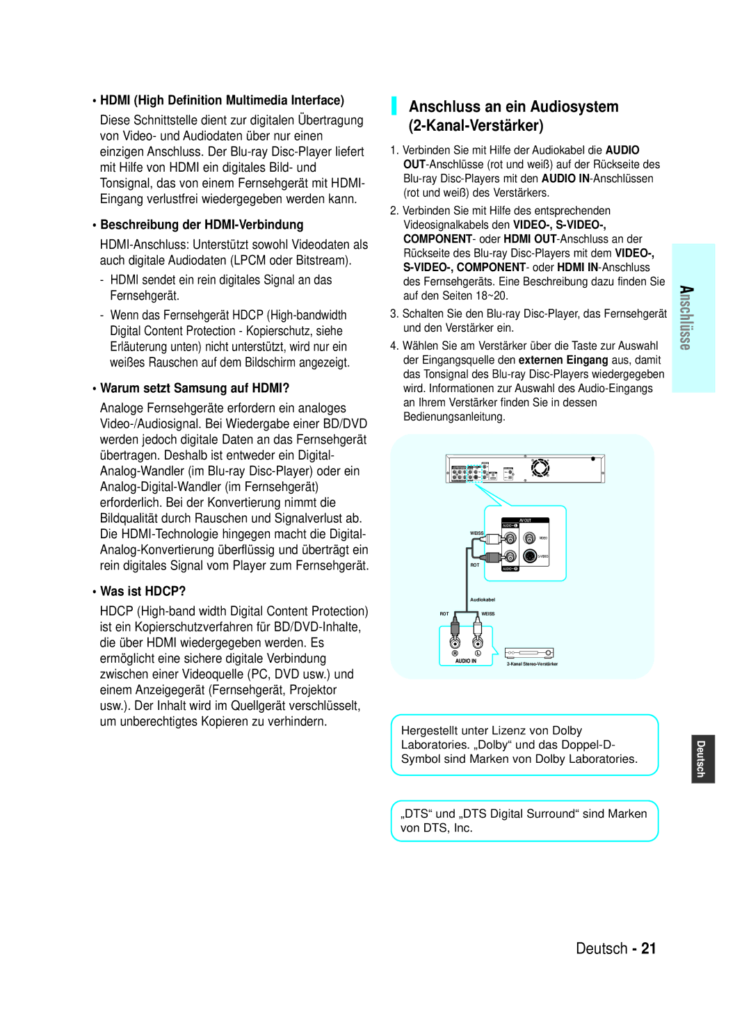 Samsung BD-P1000/XEN Anschluss an ein Audiosystem 2-Kanal-Verstärker, Beschreibung der HDMI-Verbindung, Was ist HDCP? 