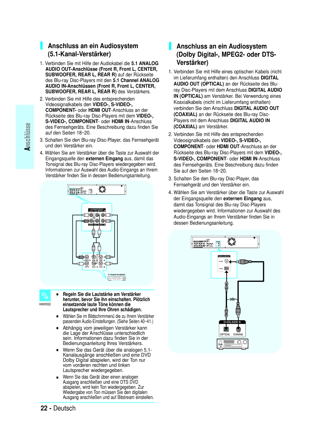 Samsung BD-P1000/XEG, BD-P1000/XET, BD-P1000/XEN manual Anschluss an ein Audiosystem 5.1-Kanal-Verstärker 