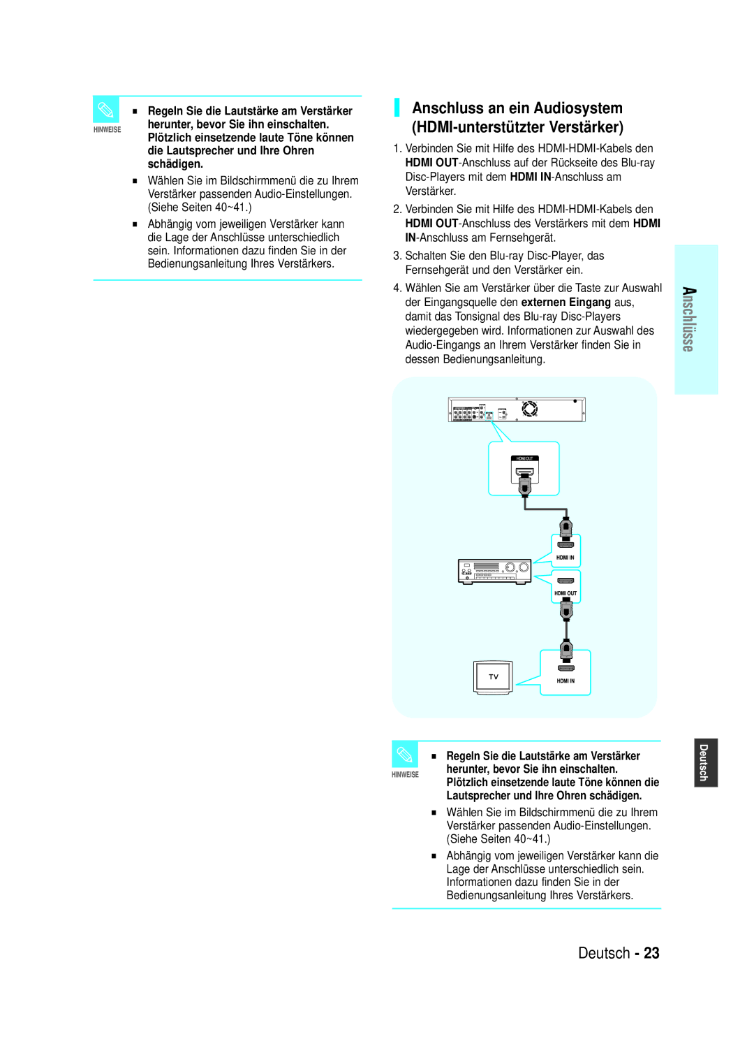 Samsung BD-P1000/XET Anschluss an ein Audiosystem HDMI-unterstützter Verstärker, Regeln Sie die Lautstärke am Verstärker 