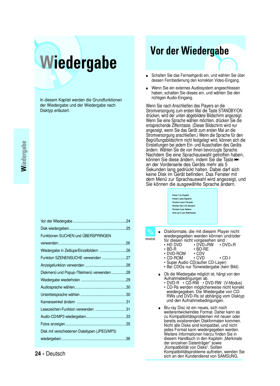 Samsung BD-P1000/XEN, BD-P1000/XEG, BD-P1000/XET manual Vor der Wiedergabe, Für diesen nicht vorgesehen sind, Bd-R, Cd-I 