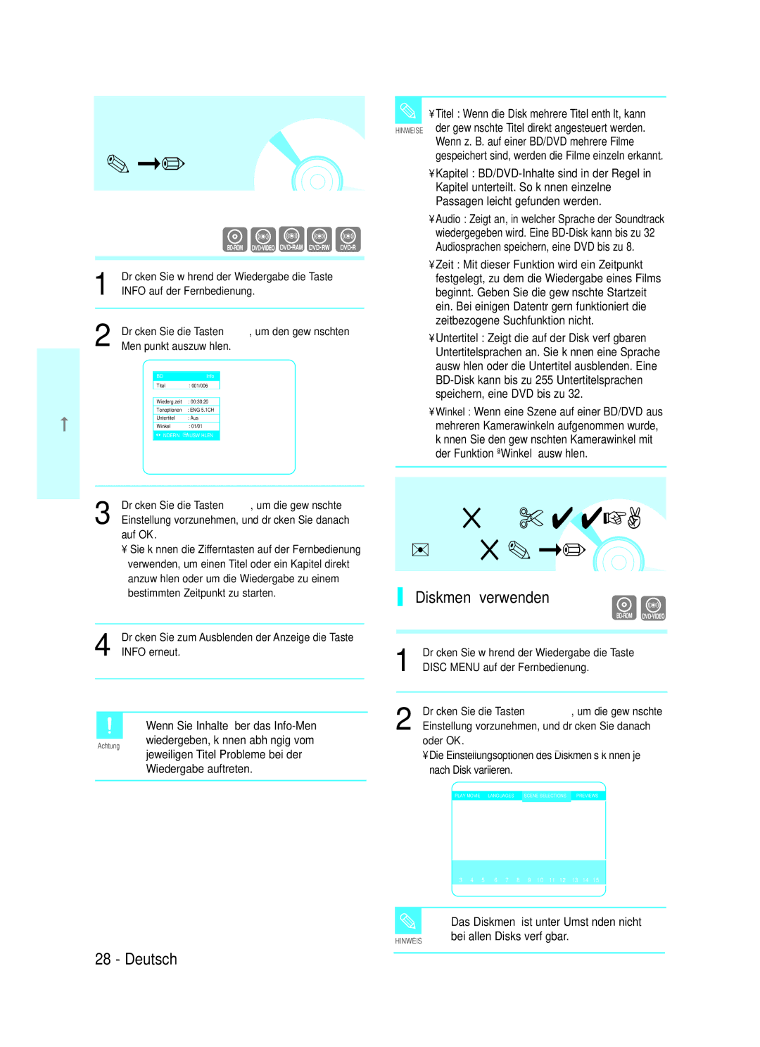 Samsung BD-P1000/XEG, BD-P1000/XET, BD-P1000/XEN manual Anzeigefunktion verwenden, Diskmenü verwenden 