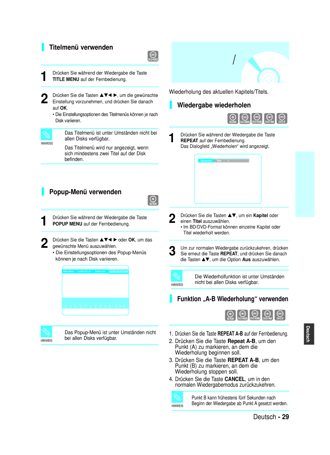 Samsung BD-P1000/XET, BD-P1000/XEG, BD-P1000/XEN manual Titelmenü verwenden, Popup-Menü verwenden, Wiedergabe wiederholen 