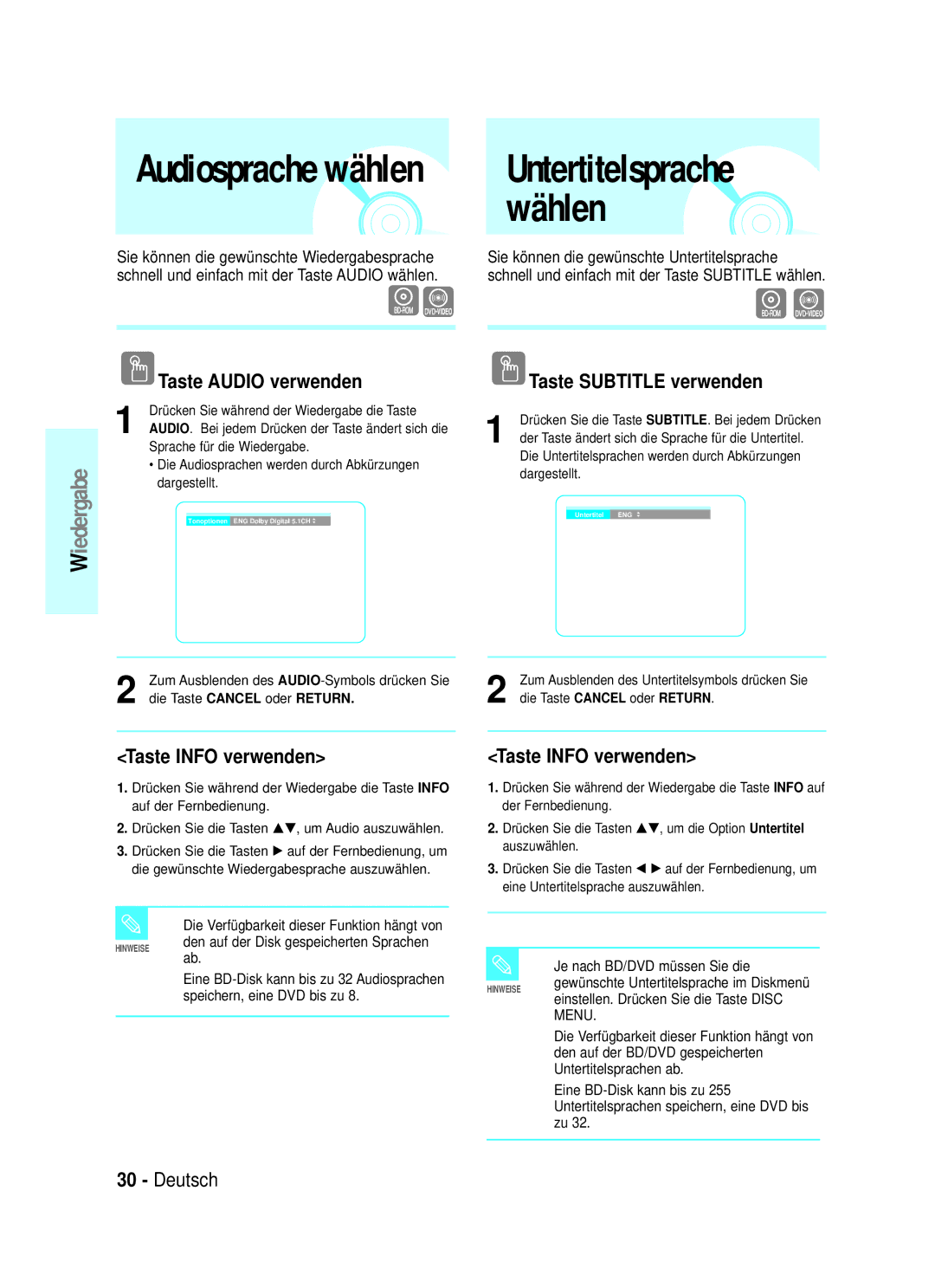 Samsung BD-P1000/XEN manual Untertitelsprache wählen, Taste Audio verwenden, Taste Info verwenden, Taste Subtitle verwenden 