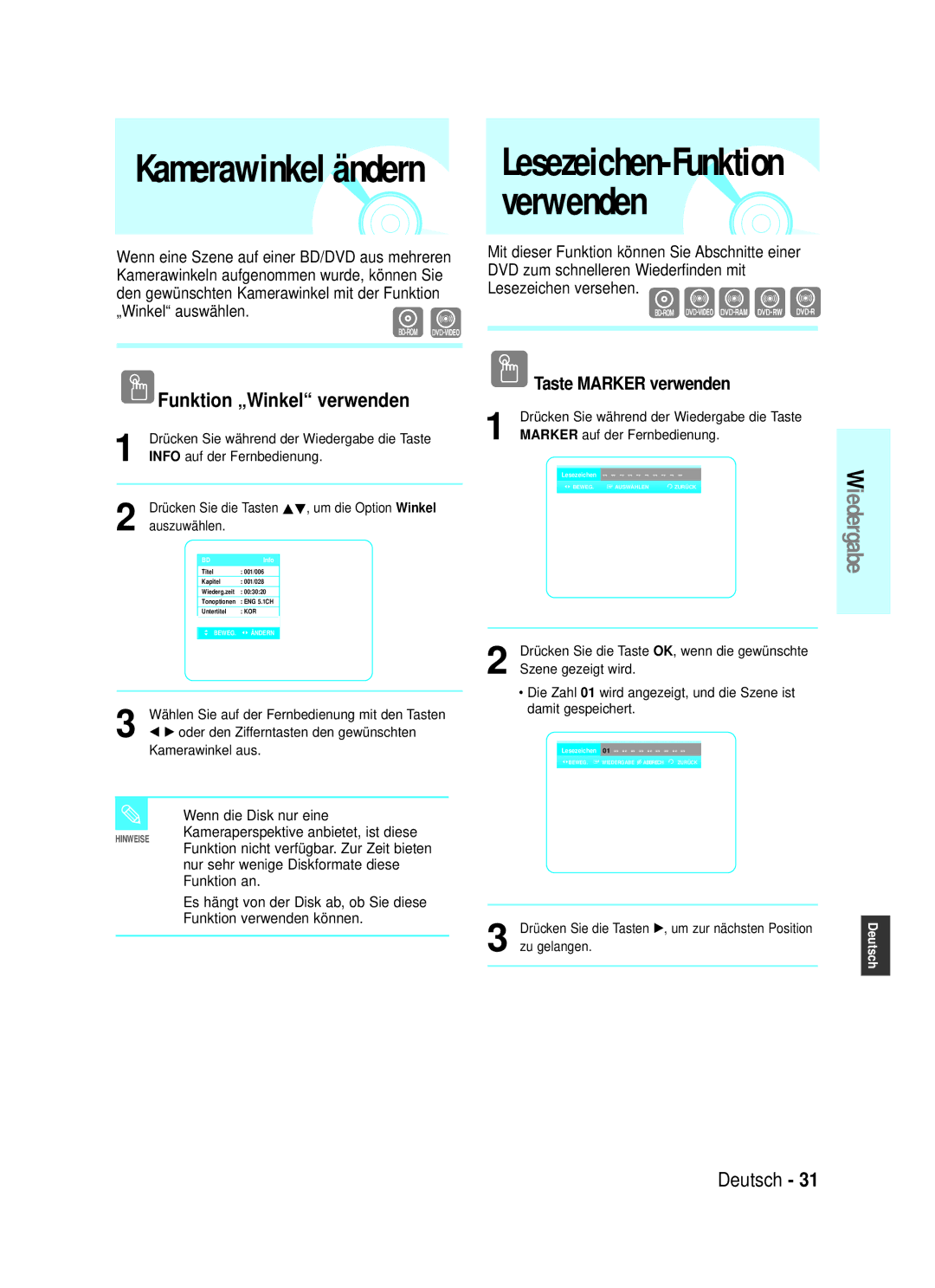 Samsung BD-P1000/XEG, BD-P1000/XET manual Lesezeichen-Funktion verwenden, Funktion „Winkel verwenden, Taste Marker verwenden 