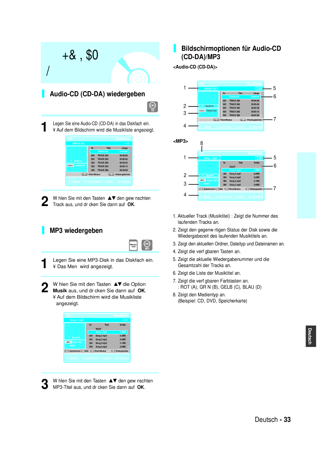 Samsung BD-P1000/XEN, BD-P1000/XEG Audio-CD CD-DA wiedergeben, MP3 wiedergeben, Bildschirmoptionen für Audio-CD CD-DA/MP3 