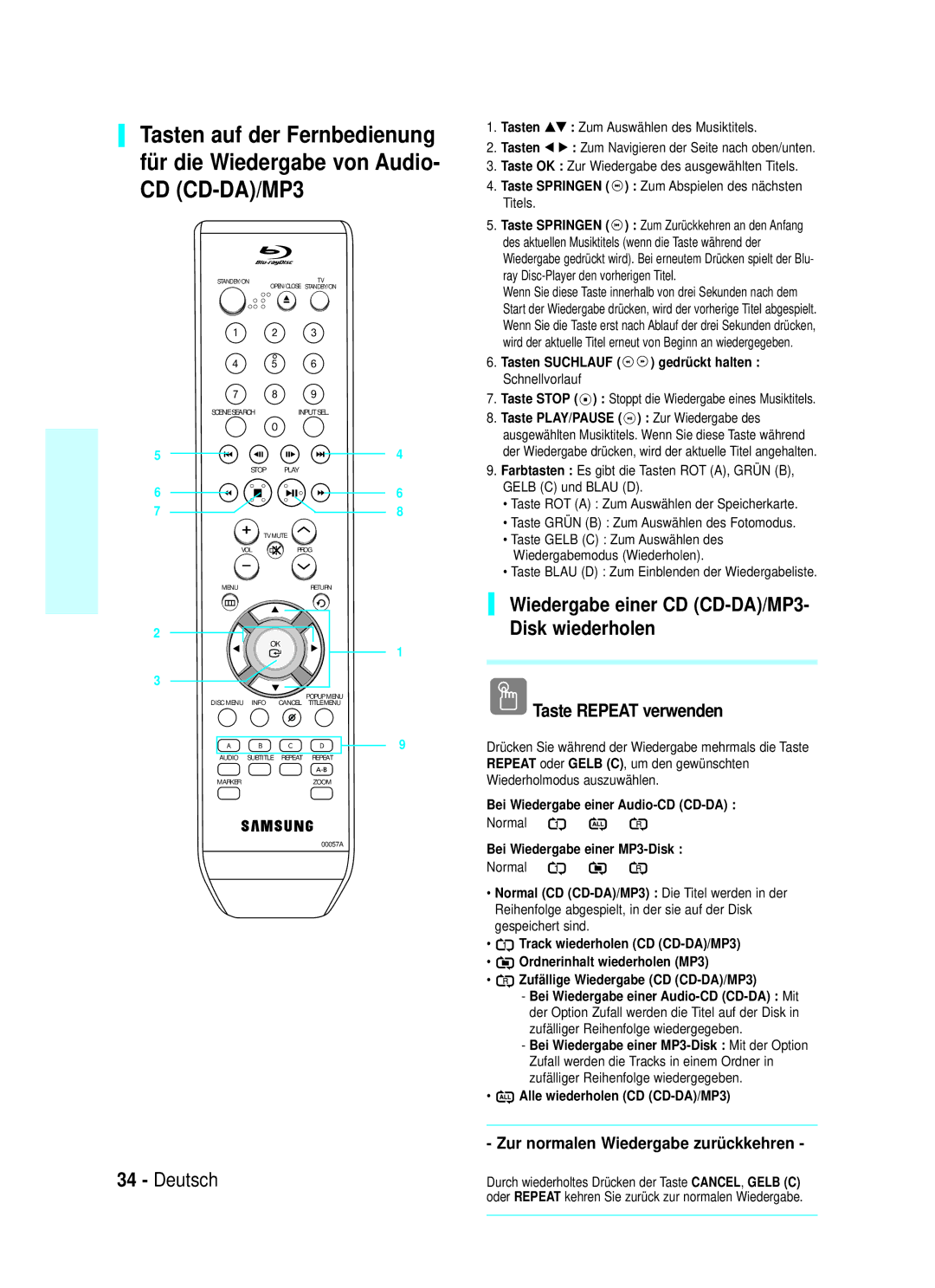 Samsung BD-P1000/XEG, BD-P1000/XET, BD-P1000/XEN Wiedergabe einer CD CD-DA/MP3- Disk wiederholen, Taste Repeat verwenden 