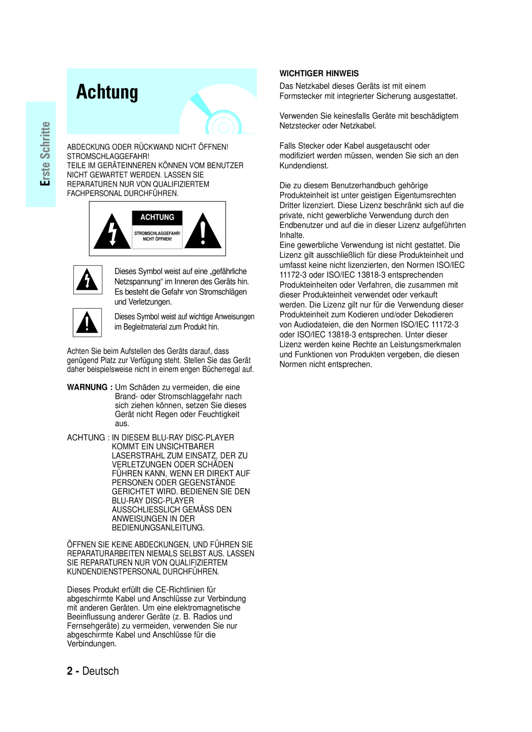 Samsung BD-P1000/XET, BD-P1000/XEG, BD-P1000/XEN manual Achtung, Wichtiger Hinweis 