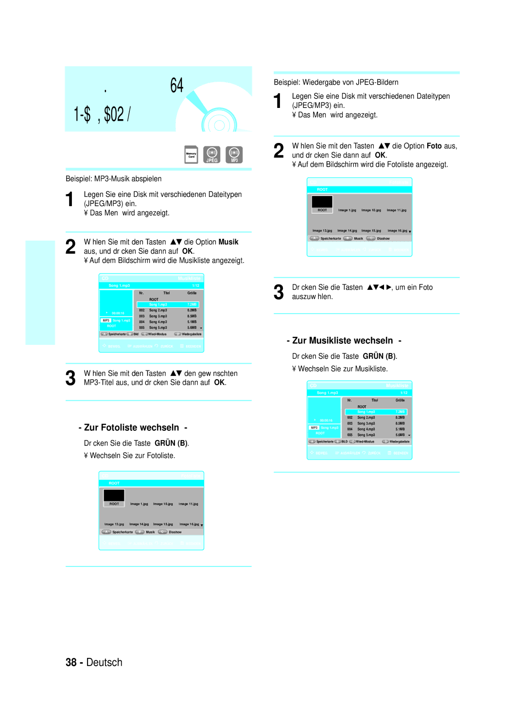 Samsung BD-P1000/XET, BD-P1000/XEG manual Zur Fotoliste wechseln, Zur Musikliste wechseln, Aus, und drücken Sie dann auf OK 