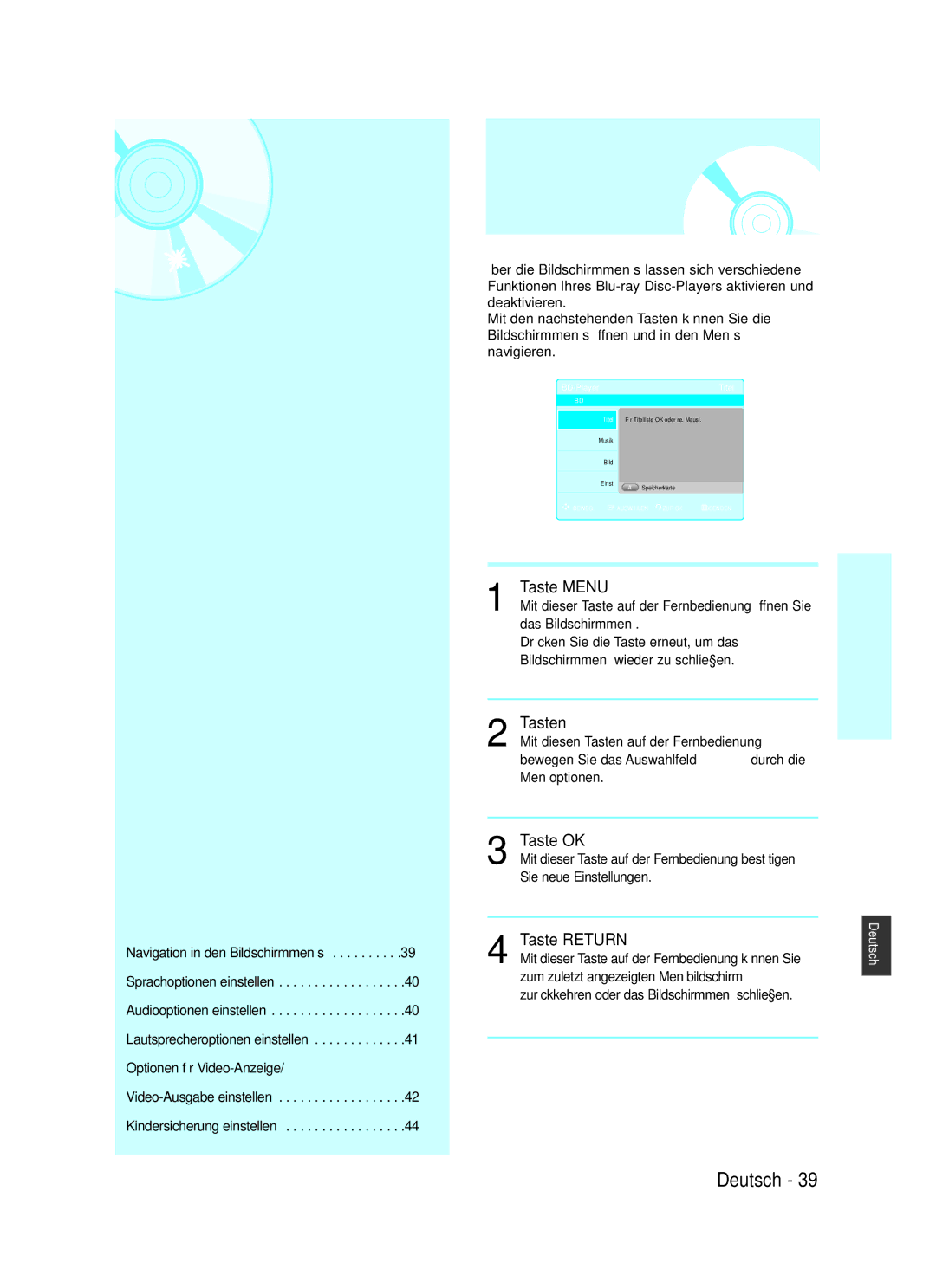 Samsung BD-P1000/XEN, BD-P1000/XEG manual Navigation in den Bildschirmmenüs, Taste Menu, Tasten…†œ √, Taste OK, Taste Return 