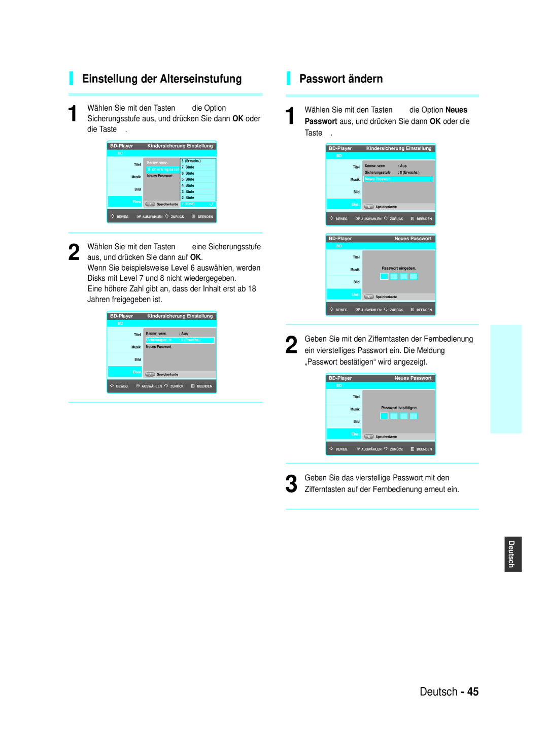 Samsung BD-P1000/XEN, BD-P1000/XEG Einstellung der Alterseinstufung, Passwort ändern, „Passwort bestätigen wird angezeigt 