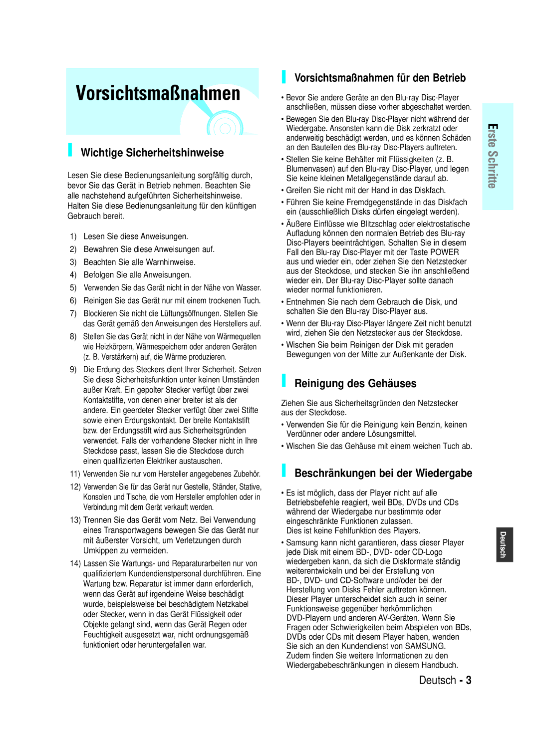 Samsung BD-P1000/XEN manual Wichtige Sicherheitshinweise, Vorsichtsmaßnahmen für den Betrieb, Reinigung des Gehäuses 