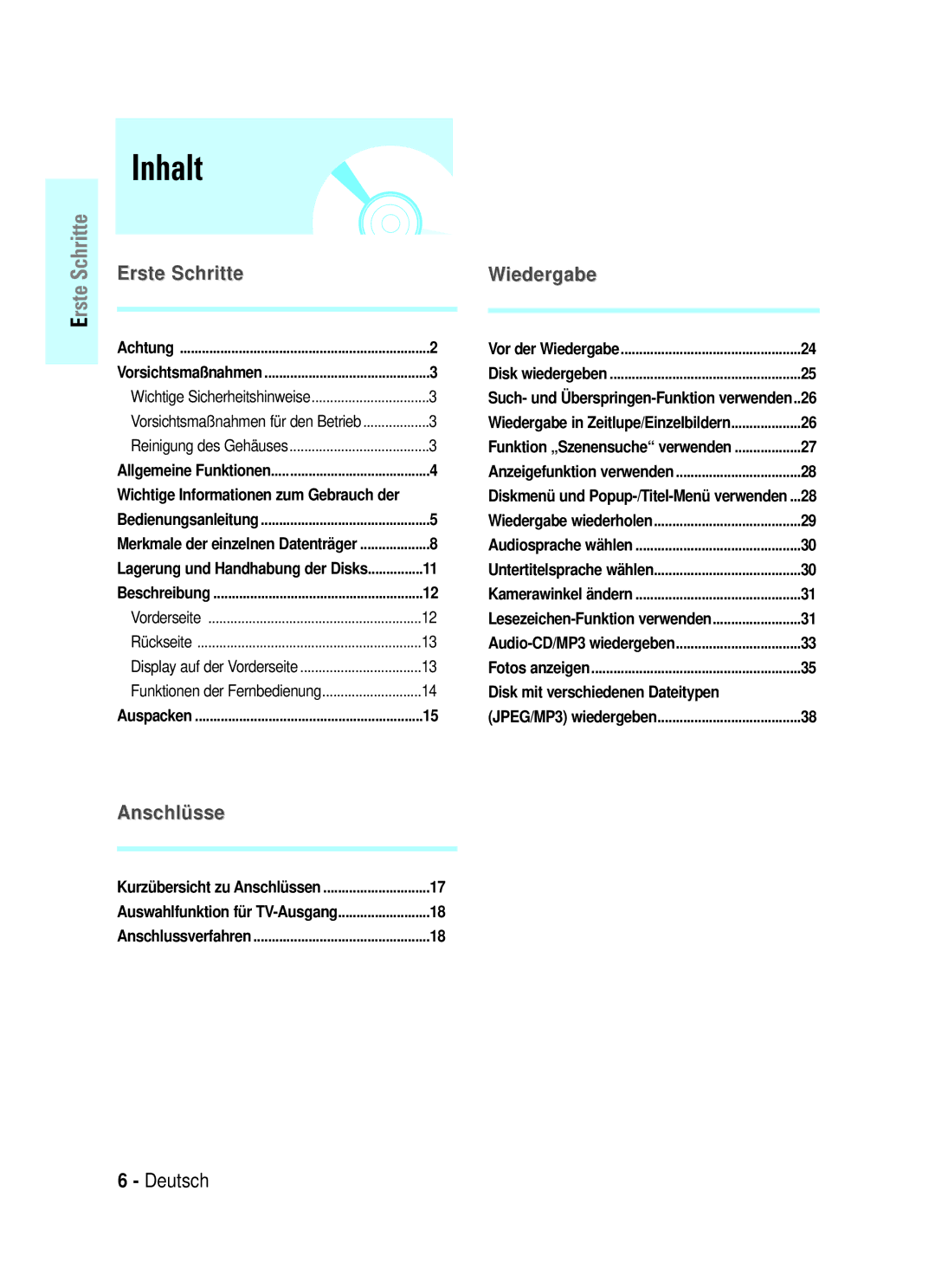 Samsung BD-P1000/XEN, BD-P1000/XEG manual Inhalt, Disk mit verschiedenen Dateitypen, Wichtige Informationen zum Gebrauch der 