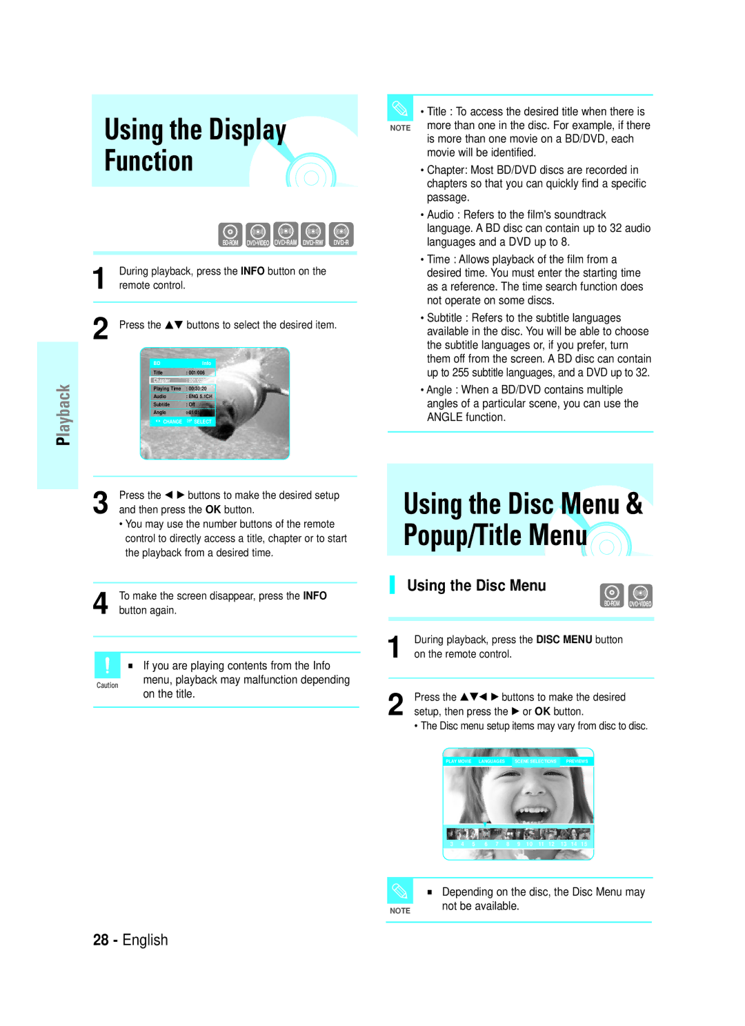 Samsung BD-P1000/MEA manual Using the Display Function, Using the Disc Menu, If you are playing contents from the Info 