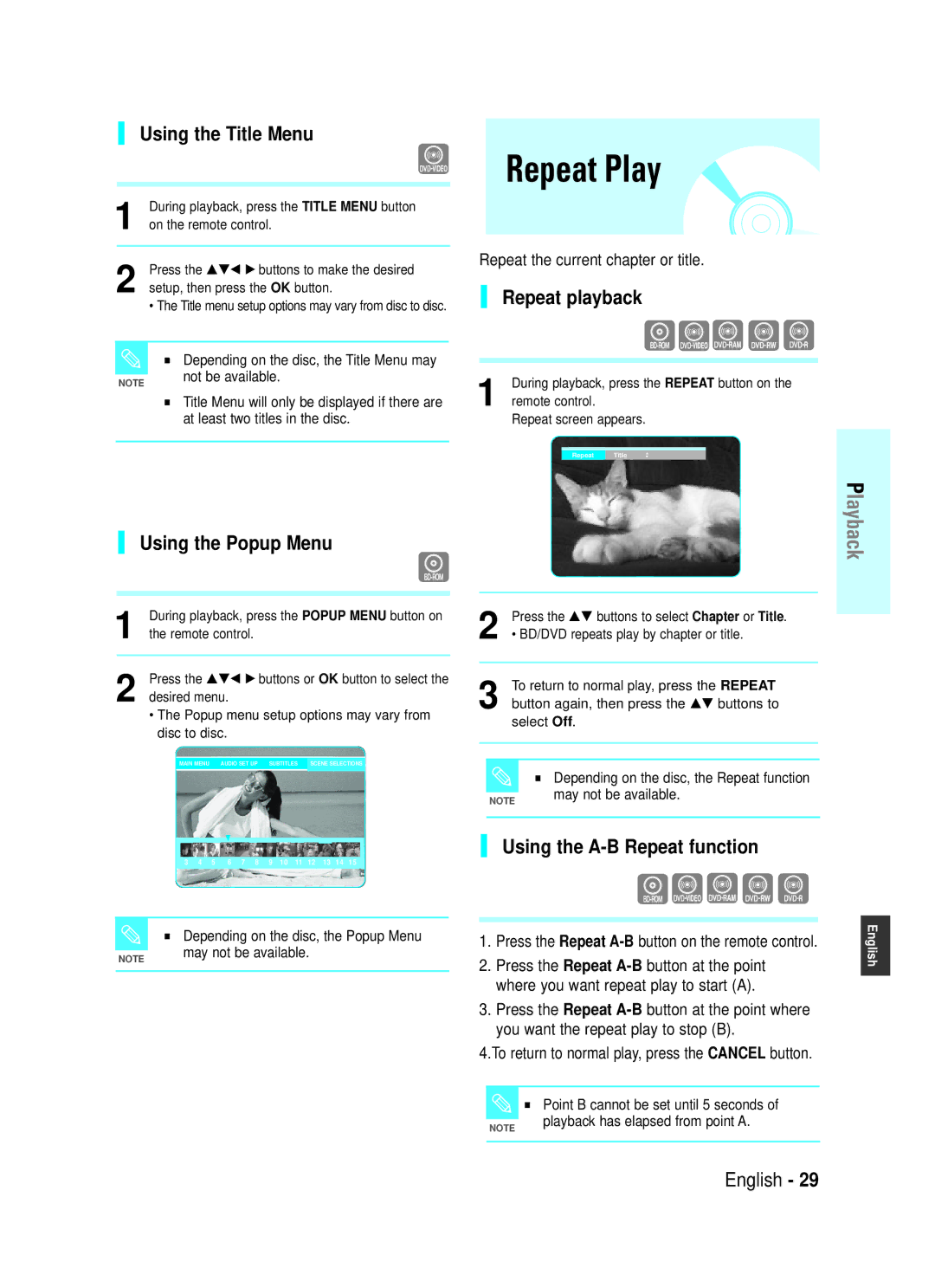 Samsung BD-P1000/XEL, BD-P1000/MEA manual Repeat Play, Using the Title Menu, Using the Popup Menu, Repeat playback 