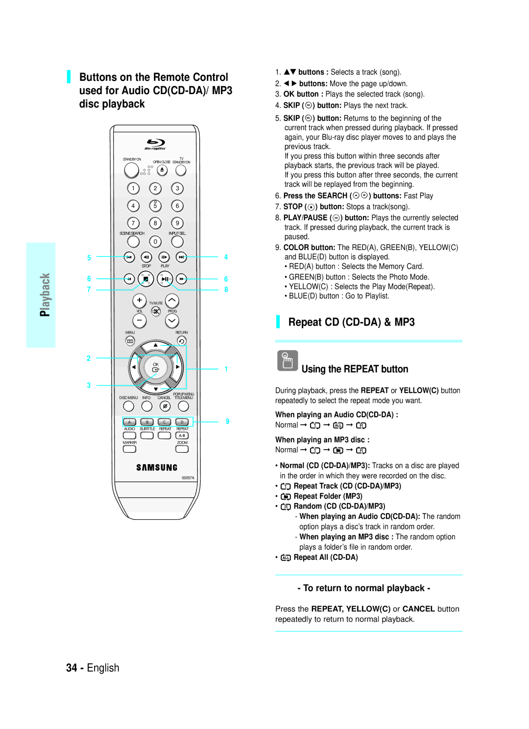 Samsung BD-P1000/MEA, BD-P1000/XEL manual Repeat CD CD-DA & MP3, Using the Repeat button, To return to normal playback 