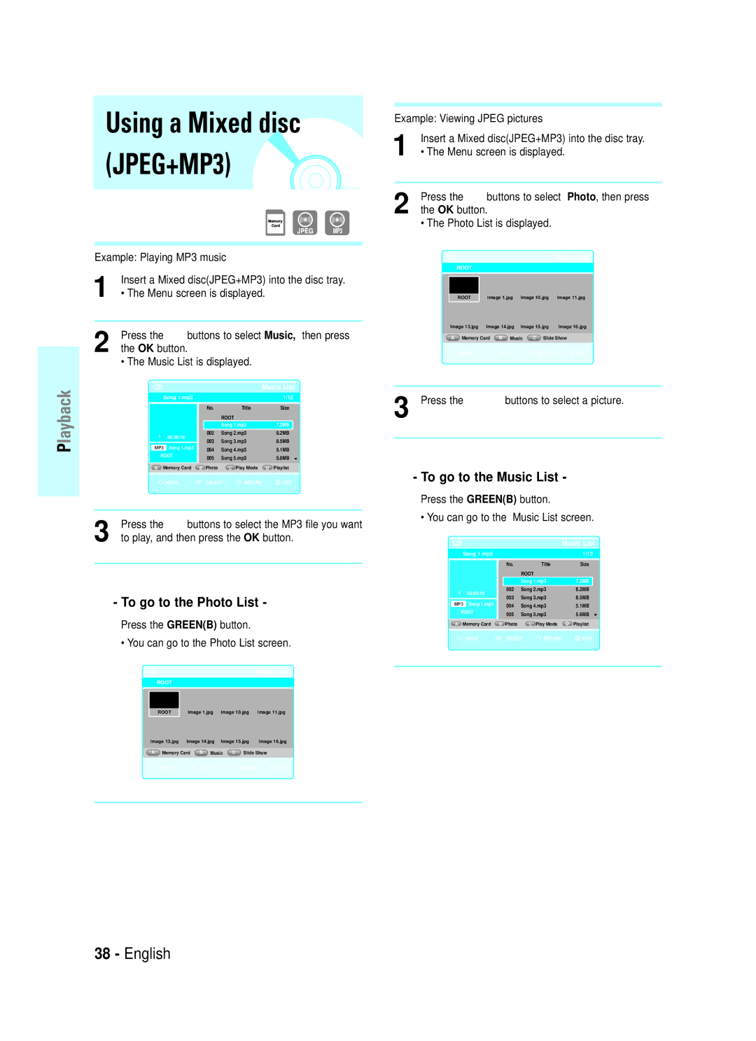 Samsung BD-P1000/MEA manual To go to the Photo List, To go to the Music List, Example Viewing Jpeg pictures, OK button 