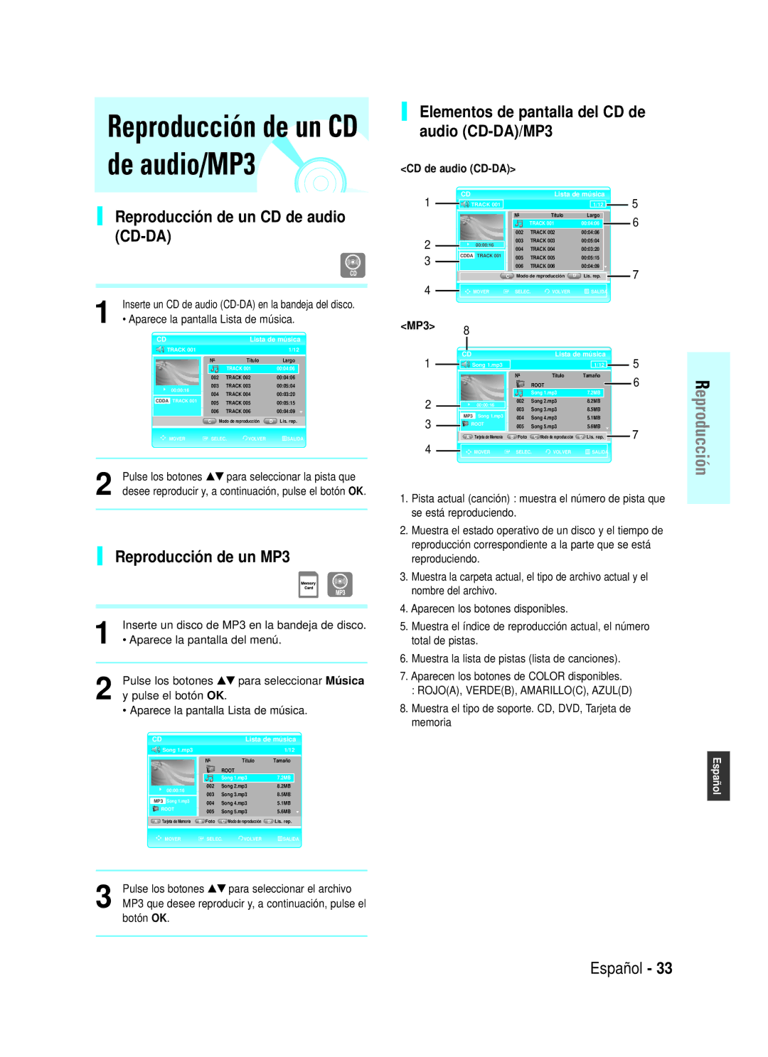 Samsung BD-P1000/XEU, BD-P1000/XEC manual Reproducción de un CD de audio CD-DA, Reproducción de un MP3 