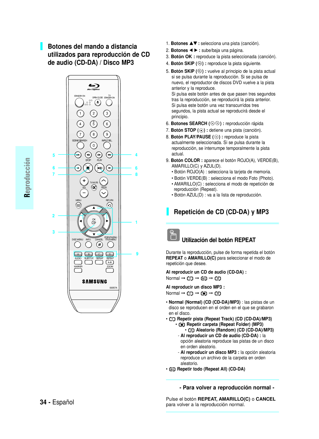 Samsung BD-P1000/XEC manual Repetición de CD CD-DA y MP3, Utilización del botón Repeat, Para volver a reproducción normal 