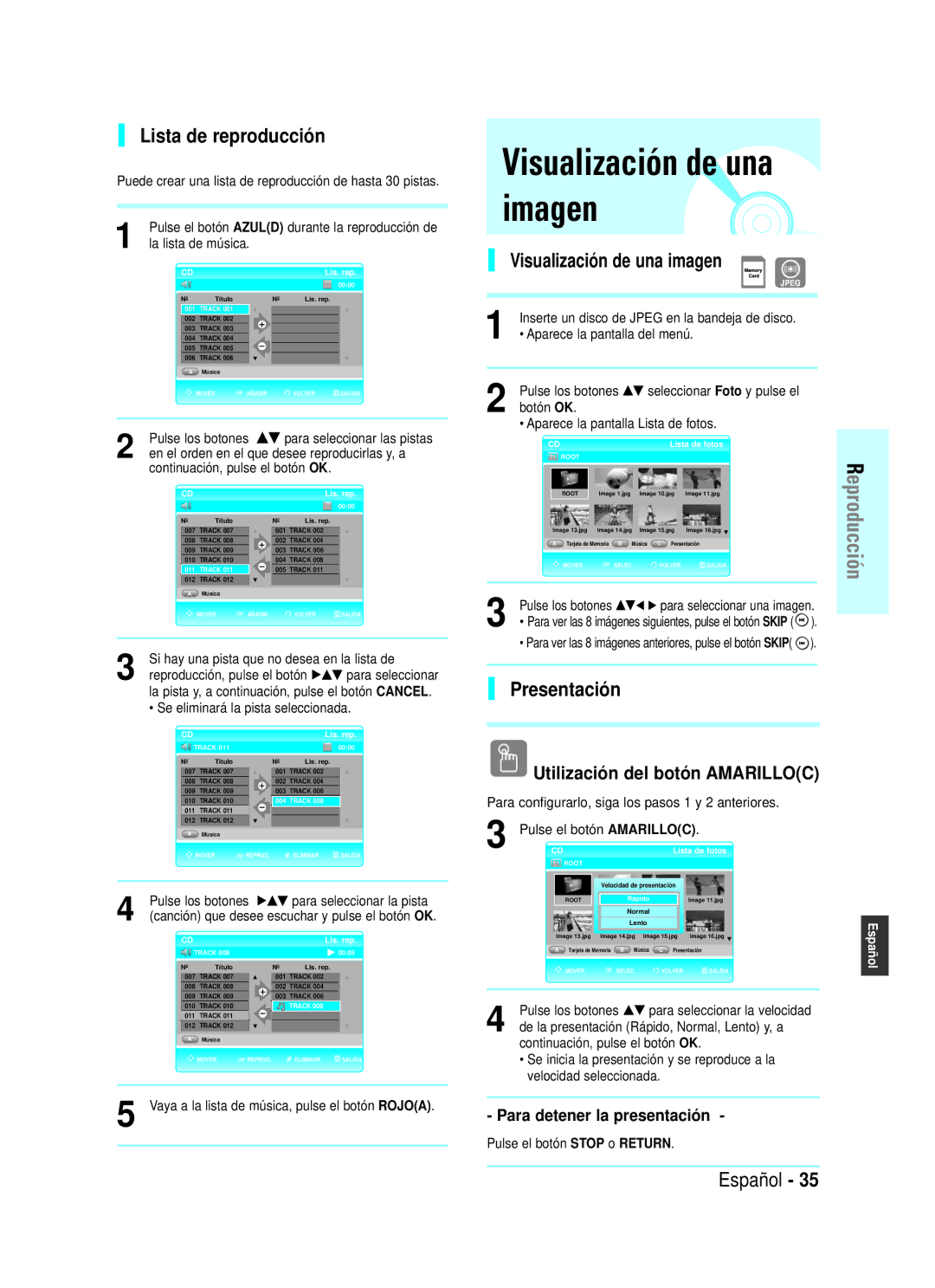 Samsung BD-P1000/XEU Visualización de una imagen, Lista de reproducción, Presentación, Utilización del botón Amarilloc 