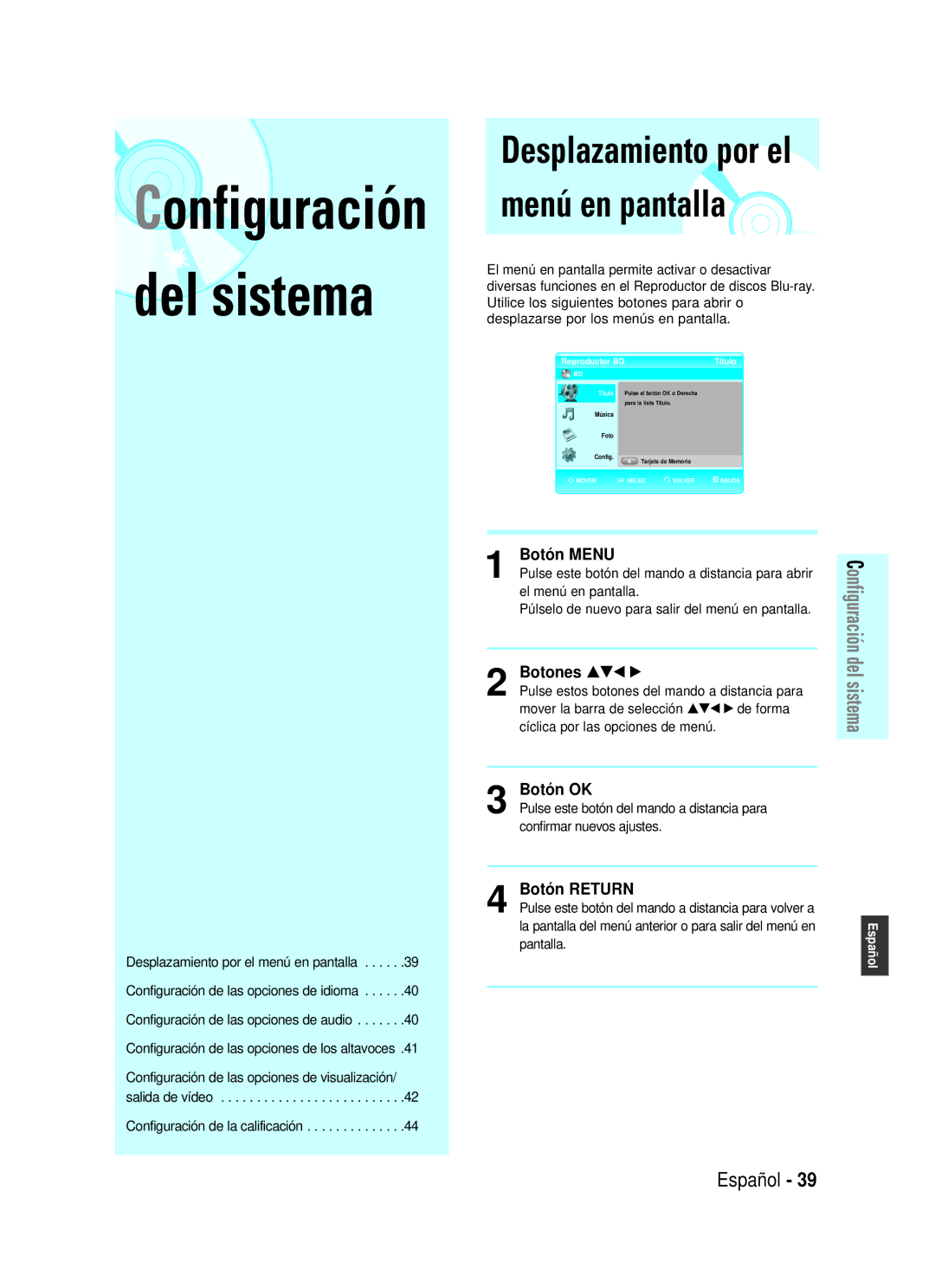 Samsung BD-P1000/XEU, BD-P1000/XEC manual Botón Menu, Botones …†œ √, Botón OK, Botón Return 