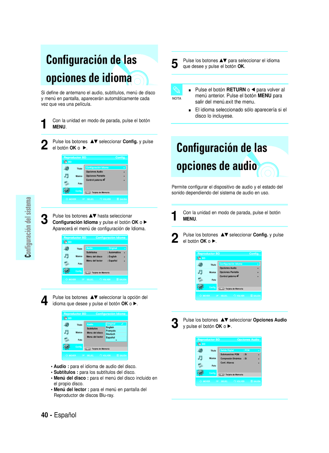 Samsung BD-P1000/XEC manual Pulse el botón Return o œ para volver al, Con la unidad en modo de parada, pulse el botón 