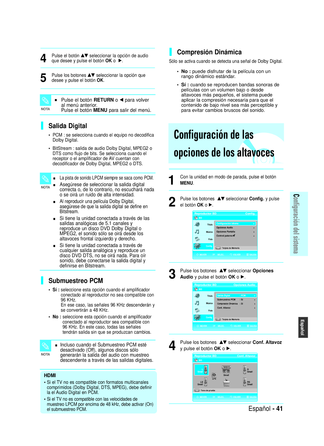 Samsung BD-P1000/XEU, BD-P1000/XEC manual Compresión Dinámica, Salida Digital, Submuestreo PCM, Pulse el botón OK o √ 