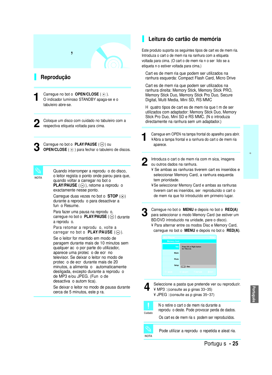 Samsung BD-P1000/XEU, BD-P1000/XEC manual Reprodução, Leitura do cartão de memória 