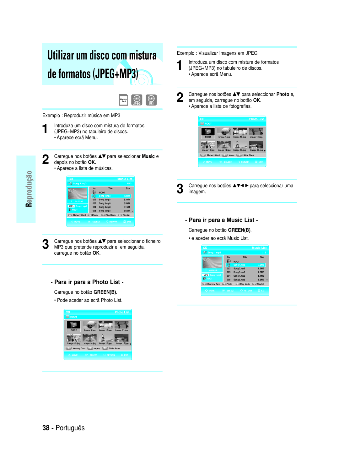 Samsung BD-P1000/XEC, BD-P1000/XEU manual Para ir para a Photo List, Para ir para a Music List 