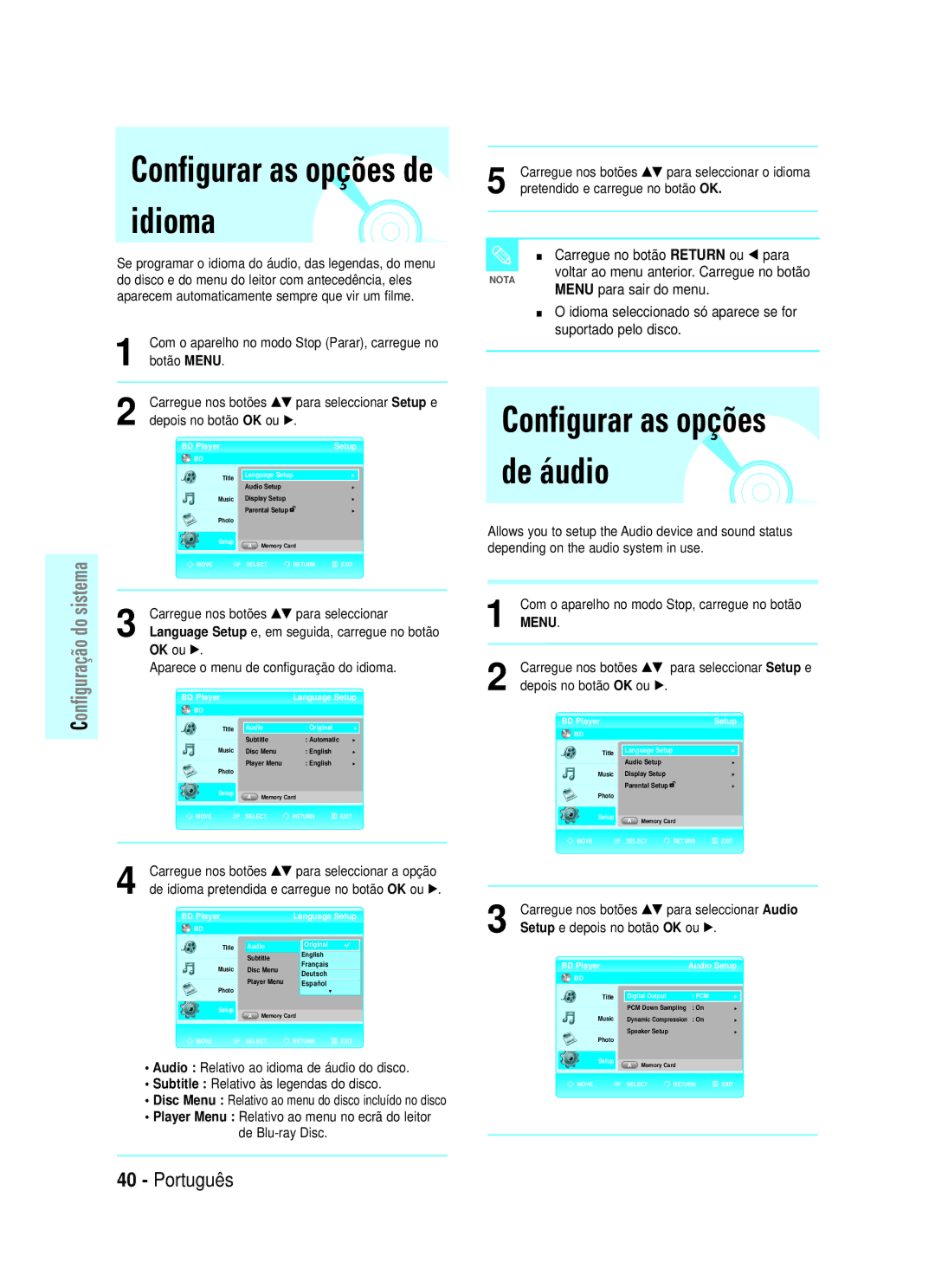 Samsung BD-P1000/XEC, BD-P1000/XEU manual Configurar as opções de idioma, De áudio, Carregue no botão Return ou œ para 