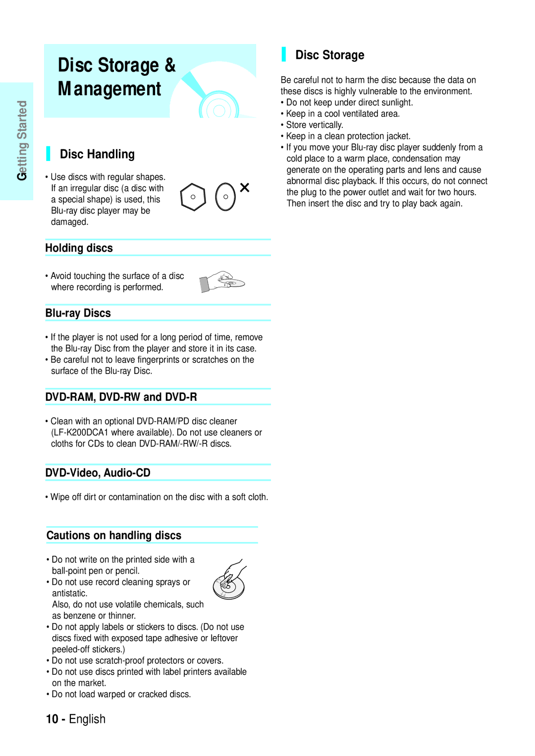 Samsung BD-P1200 manual Disc Storage Management, Disc Handling 