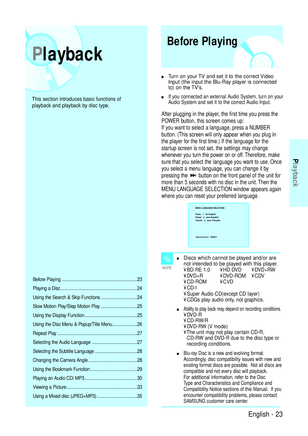 Samsung BD-P1200 manual Before Playing, If you want to select a language, press a Number, Bd-Re 